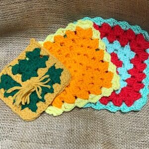 Vintage Crochet Hot Pads: Handmade Colorful Square Trivets, Set‎ of 3